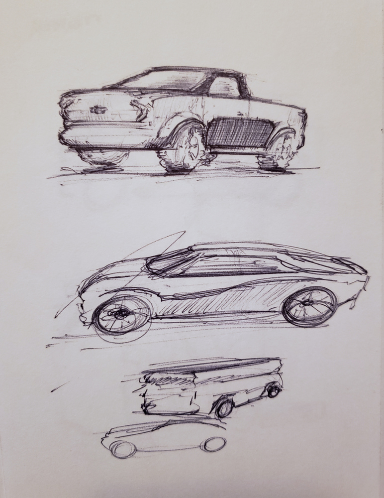 Pen sketch page with truck, car, and box.